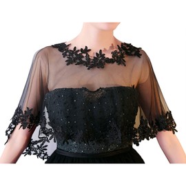 CHIC DIARY Elegant Wedding Dress Cape Lace Tulle Cape Retro Lace Stole Boleros for Evening Dress Cocktail Dress, black