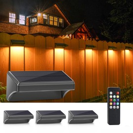 VOLISUN Fence Lights Solar Powered with Remote 4 Pack, Warm White, Cool White and RGB Color Glow LED Solar Lights Outdoor, Dusk to Dawn Solar Fence Lights for Patio, Backyard, Railing, Deck, and Wall