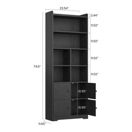 IRONCK Bookshelves and Bookcases with 4 Doors, 6-Tier Bookshelf with Storage Shelves 74.6 in Tall Bookcase for Home Office, Living Room, Bedroom, Black