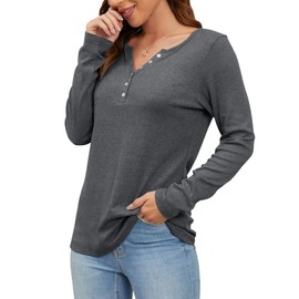 WNEEDU Women's Long Sleeve Tops Tunic V Neck Henley Shirts Loose Button Blouse