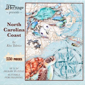 Heritage Puzzle - North Carolina Coast by Kira Talerico - 550 Piece Puzzle for Adults - Educational Coastal Map Jigsaw Puzzles with Sea Life & Landmarks - 18" x 24" Finished Size
