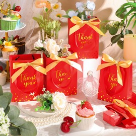 Kolldenn 36 Pack Small Thank You Gift Bags with Handles 5.9 x 4.3 x 2.4 inches Party Favor Bags with Bow Ribbon Candy Goodie Gift Bags Bulk for Wedding Graduation Birthday Bridal Shower (Red)