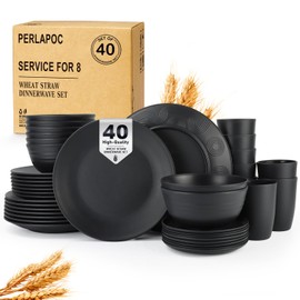 Perlapoc Kitchen Wheat Straw Dinnerware Set 40 PCS Dishes Set for 8 Plastic Plates Reusable Dinner Plates Cereal Bowls Small Cups Dishwasher & Microwave Safe Unbreakable Dish Set for Picnic RV - Black