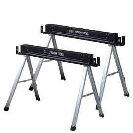 Steel Vision Workhorse Saw horses 2 pack Folding Heavy Duty Legs, Folding Metal Sawhorse with 2x4 Support Bracket, Push-Button Open Design - Press Side Stainless Button to Exten Legs, for Woodworking Carpenters Contractors