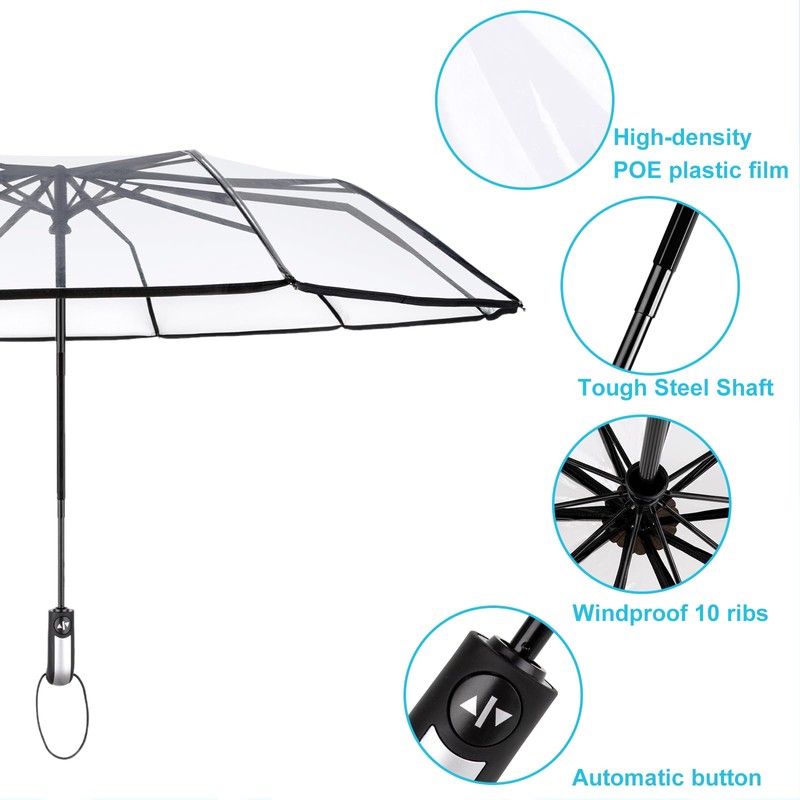 TopTie Clear Umbrella Compact 10 Ribs for Windproof Auto Open