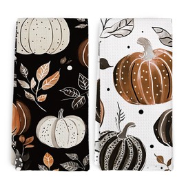 dvhdajed Fall Black Pumpkin Kitchen Towel and Dish Towel Set of 2, Fall Pumpkin Decor Hand Towels, Farmhouse Black Pumpkin Leaf Decorative Hand Dish Tea Towels for Bathroom Kitchen Decor, 16x24 in