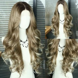 Unbranded HD Lace Front Wig Human Hair Blend Highlights  Wavy Curly Light BROWN Blonde MIX