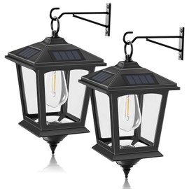 Gimyorke Solar Wall Lantern Outdoor, 2 Pack Hanging Solar Lights with 4 Solar Panels, Anti-Rust Waterproof Hanging Solar Lanterns, Decorative for Porch Fence Garden Warm White