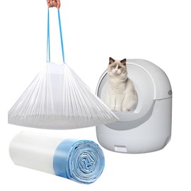 20 Count Cat Drawstring Litter Box Liners 26.6x16.7 inches 2Mils Super Thick White Cat Litter Waste Bags Poop Bags for Self-Cleaning Litter Box Cat Litter Pan Trays (Blue Drawstring 20 count)