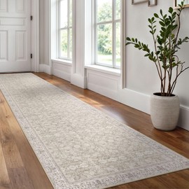 Siiloom 2.6x12 Beige White Washable Runner Rug for Kitchen, Soft Classic Runner with Non-Slip, Non-Shedding Distressed Floral Rug for Hallways Entryway Bedroom Laundry Indoor