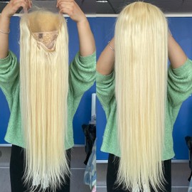 HD Transparent 13x6 Lace Front Wig Human Hair All Blonde 613 Color Silk Straight Style 180% Density with Clean Hairline for Black Women (18inch, 13x6 lace wig)