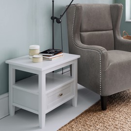 SIMPLIHOME Warm Shaker SOLID WOOD 20 inch wide Rectangle Rustic End Side Table in White with Storage, 1 Drawer and 1 Shelf, for the Living Room and Bedroom