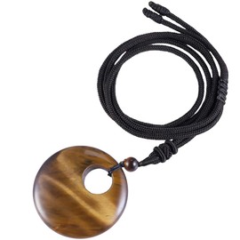 KYEYGWO Unisex Gemstone Doughnut Pendant with Adjustable Nylon Rope, Healing Crystal Round Necklace Peace Buckle Jewellery Stone Amulet for Lucky Charm, Nylon Tiger's Eye Nylon, Tigers Eye
