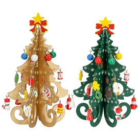 Spencer 2 Pieces 7.5 Inch Wooden Mini Christmas Tree Miniature Tabletop Small Tree, 3D Xmas with Ornaments Pine for Holiday Party Home Desktop Decoration (Green & Gold)