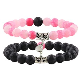 2 Pcs Matching Bracelets for Couples Magnetic Couples Love Bracelets, His and Hers Relationship Bracelet for Boyfriend Girlfriend, Locked Bracelets for Couples (pink + black)