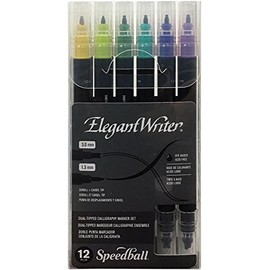 Speedball Elegant Writer Calligraphy 12 Marker Set, Assorted Colors, Dual-Tipped, 1.3 mm & 3.0 mm Chisel and Scroll Nib Pens for Drawing, Journaling, and Scrapbooking