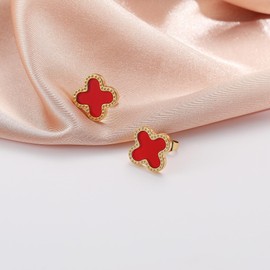Youzealou 18K Gold Plated Clover Earrings for Women Four Leaf Clover Stud Earrings Lucky Dangle Earrings Simple Jewelry Gifts for Women (Gold + Red)