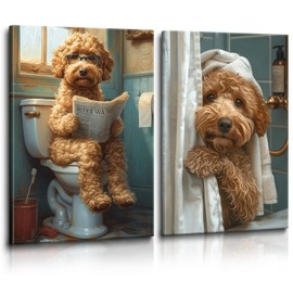 2 Funny Golden Retriever Shower Humorous Animal Posters for Dog Lovers - Animal Sitting on Toilet Bathroom Poster - Dog Reading Newspaper 12x16 Inches Unframed Printed Canvas Art for Bathroom Decoration