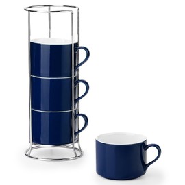 NWYSZ 10 Ounce Blue Porcelain Stackable Cappuccino Cups with Stainless Steel Holder, Set of 4, Durable Ceramic, Perfect for Home, Office or Gift