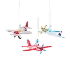 Gallerie II Vintage Style Prop Plane - 3.5 x 3 Inch Red/Blue/Silver Glass Holiday Christmas Ornament; Set of 3