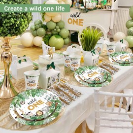 Heboland 175 Pcs Wild One Birthday Decorations Plates Set 25 Guests, Safari Jungle Baby Shower Theme Paper Plates Napkins Cups Cutlery Set Boys First 1st Party Supplies