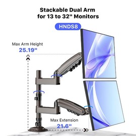 HUANUO Stackable Dual Monitor Arm - Adjustable Gas Spring Monitor Mount for Gaming and Home Office Setups, Monitor Stand Hold up to 32" with 19.8 lbs Max Weight and C-Clamp or Grommet Hole Mounting:_Height-Adjustable Single Monitor Arm