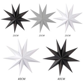 PFLYPF Pack of 5 Christmas Paper Stars, Folded Seven Pointed Stars, 2 Pieces Diameter 40 cm, 3 Pieces Diameter 25 cm, Window Decorations, (White, Black, Grey)