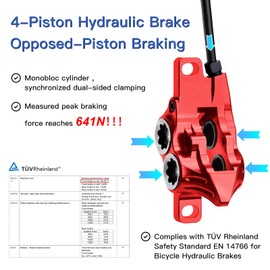 ZTZ IIIPRO E4 MTB Hydraulic Disc Brake Set, 4-Piston Hydraulic Brake Kit with Ceramic Brake Pads for Mountain Bike（Pre-Bled, Front 800mm and Rear 1550mm） (Red)