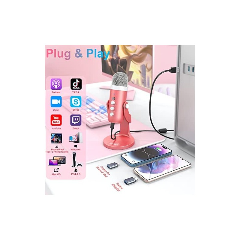 Micro USB, k66 Pink Microphone condensateur Cardiode pour PC Smartphone
