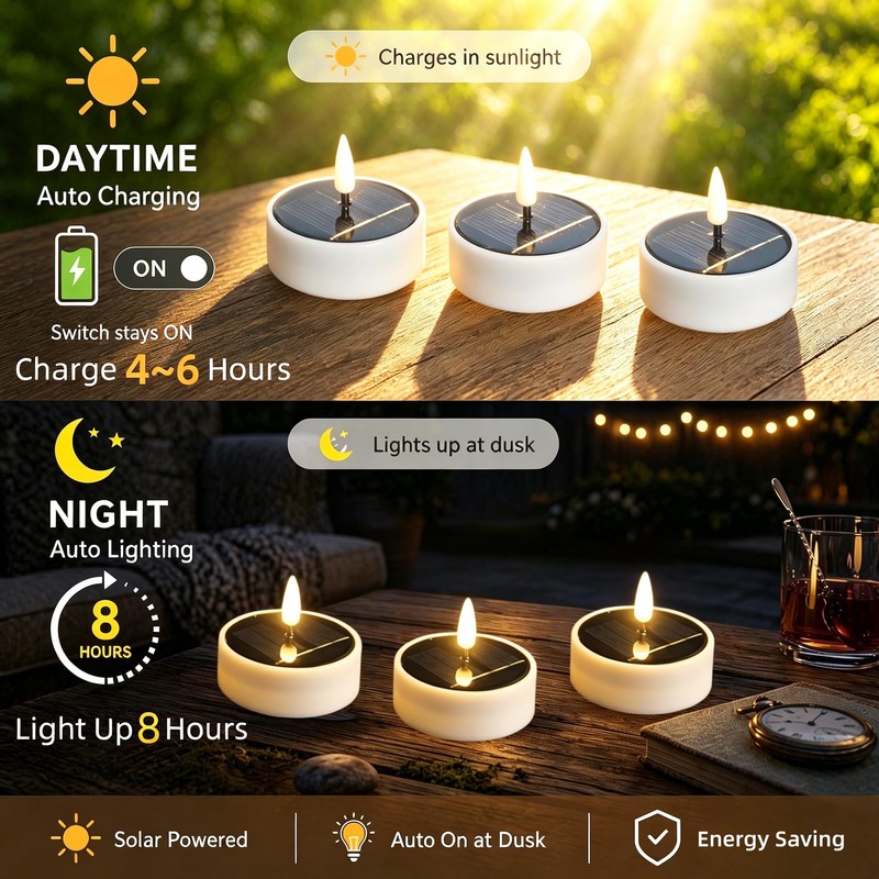 6PCS Solar Tea Lights Outdoor Waterproof, Rechargeable Reusable Flameless Flickering