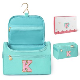 COSHAYSOO Initial Girls Hanging Travel Toiletry Bag Traveling Size Skincare Toiletries Bags Teen Girl Trip Gifts Favors, Summer Fall Camp Essentials for Teenage Sleepaway Sleepover Teal Blue Letter K