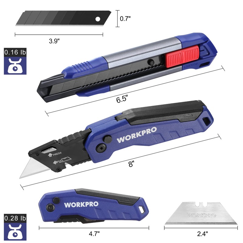 WORKPRO 18mm Retractable Utility Knife & Folding Utility Knife (Blue+Red)