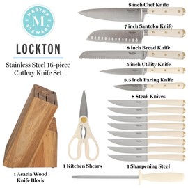 Martha Stewart 16 Piece Lockton High Carbon Stainless Steel Cutlery Kitchen Knife Block Set W/ABS Tripe Riveted Forged Handle Acacia Wood Block - Linen White W/Gold