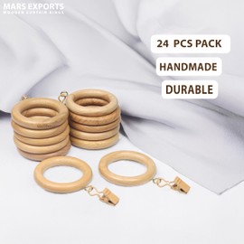 24 Pack of 2.5 Inch Wooden Curtains Rod Rings with Clips and Hooks, for 1-1.5 Inch Rod Pole, Wood Curtain Drapes Clip Ring, Hangers, Shower Curtains, Decor, and Drapery. (Natural Beechwood)