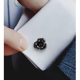 Jonwo Rose Flower Cufflinks and Tie Pin Set Regular Necktie Tie Clip Tie Bar Men Cufflinks for Wedding Business Shirt Tie (Gunmetal Cufflinks Tie Pin Set)