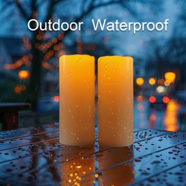 Amagic 2 Pack 10" x 4" Outdoor Plastic Electric flameless Candles with Remote Control and Timer, Battery Operated Flickering LED Pillar Fake Candle for Home, Wedding Decor, Ivory