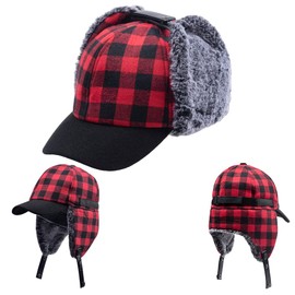Winter Buffalo Plaid Trapper Hunting Hat Lumberjack Hat Ear Flaps Elmer Fudd Hunter Warm Hat red and black