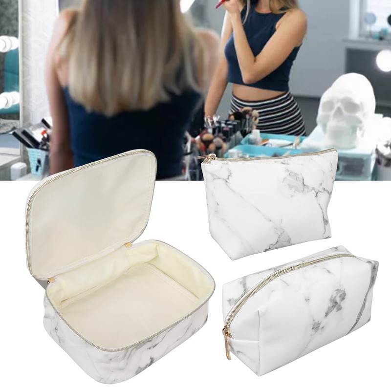 3Pcs Women Cosmetic Bag Marble Print Makeup Case Storage Handbag