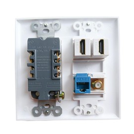 BOPLAT 20Amp Power Outlet and Ethernet Coax HDMI Wall Plate - Electrical Outlet with 2 Port HDMI, 1 CAT6 Ethernet Port, 1 Coax Cable TV Cover Plate