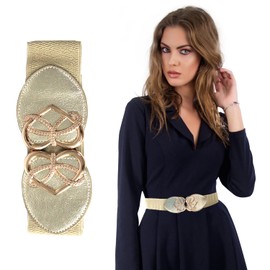 Trimming Shop Golden Waist Belt Women Ladies Girls Golden Heart Shape Buckle, Stretchable Elasticated Wide Casual Belt Party Celebration Events Occasion, 60mm