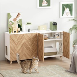 DAWNYIELD Cat Litter Box Enclosure, Hidden Litterbox Furniture Cabinet, Wooden Indoor Cat House, Herringbone Litter Cupboard Cabinet, Side Table for Living Room, Bedroom or Entryway, White