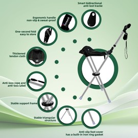 AoJiaPin Folding Walking Cane with Seat for Seniors Adults,Lightweight Height Adjustment Cane Seat,Supports Up to 260lbs Crutch Chair,Anti-Slip Cane Chair Walking Stick for Camping,Black,1 Set