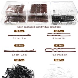 CAABISO 400PCS Hair Pins Bobby Pins Kit, 100 U Shaped & 100 Bobby Pins, 100 Clear Elastics Hair Ties 100 Black Hair Elastics Accessories for Women, 2.4 Inch and 2 Inch, Brown