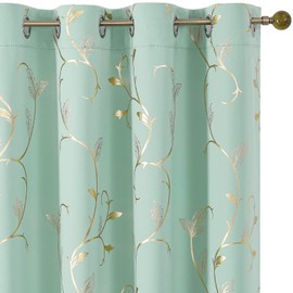 BUHUA Blackout Curtains 72 Inches Long, Gold Foil Print Pattern Room Darkening Curtain, Living Room Curtains & Drapes, Thermal Insulated Window Panel Set, 52 x 72 Inch, Aqua