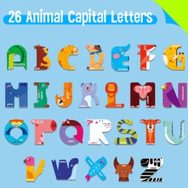 Magnetic Uppercase Letters, 26 Pieces Letter Magnets Educational Learning Tool Alphabet and Animal Recognition for Kids Toddlers 3 4 5 Years Old