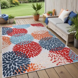 Superior Indoor Outdoor Area Rug, for Patio, Poolside, Deck, Backyard, Playroom, Kitchen, Dining Room Floors, Mudroom, Floral Medallion Floor Cover, Hydrangea Collection, 4' x 6', Multicolor