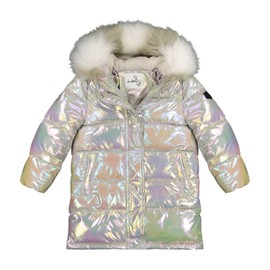 Sam Edelman Girls' Iridescent Puffer Coat - Faux Fur Hood, Warm Polyester Jacket, Grey, 4