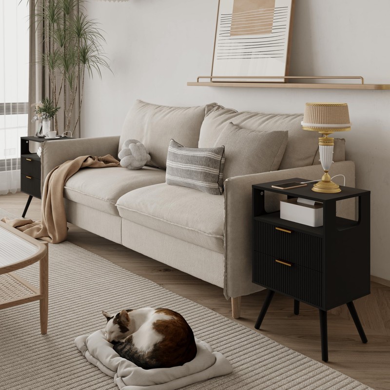 JOONEE Black Nightstand with Charging Station and LED Lights,Modern Bedside