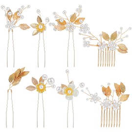 SUBANG 8 Pieces Bridal Wedding Hair Pins Gold Leaf Crystal Flower Pearl Hair Forks Vintage Wedding Hairpin Accessories for Brides Bridesmaids Women