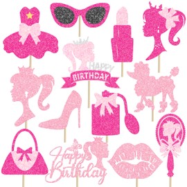 16pcs Hot Pink Girl Party Centerpiece Sticks Glitter Pink Birthday Party Centerpiece Decorations Princess Theme Birthday Table Toppers for Pink Girl Theme Party Bachelorette Party Supplies